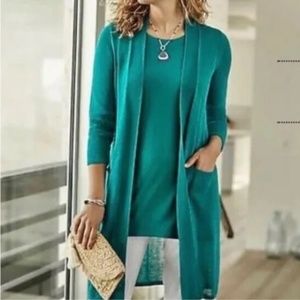 J. Jill linen blend long knit Cardigan sweater in color lagoon size small
